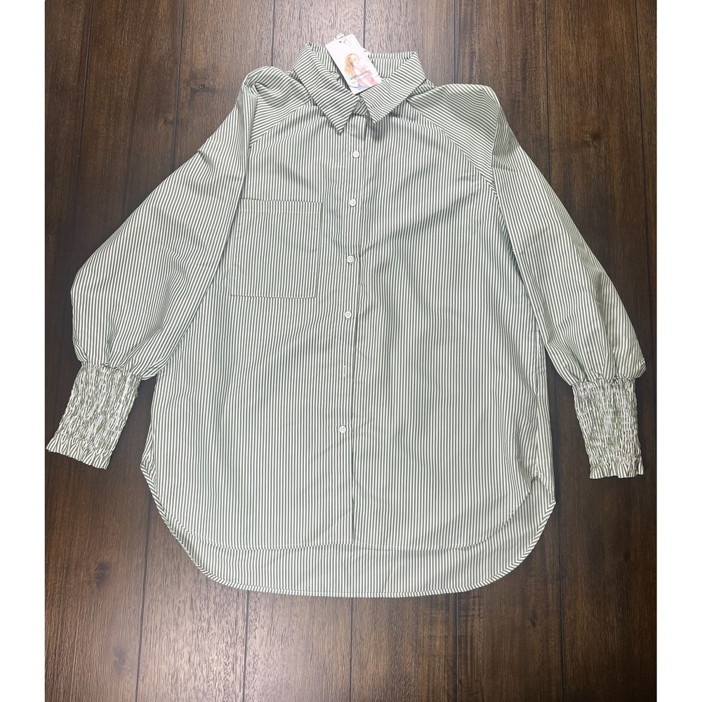 PrettyGarden Sage‎ Green Striped Button Down Shirt Smocked Cuff Oversized Medium